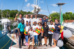 The crew of Italia Yachts Nessun Dorma celebrate line honours in Grenada